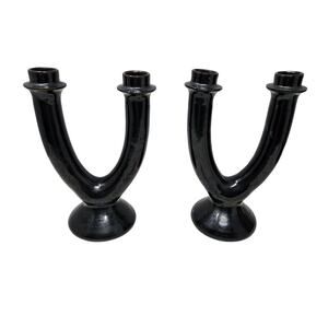 Set of 2 Vintage 50s Polish CERAMIKA KASZUBSKA Black Glazed Candlestick U Shape